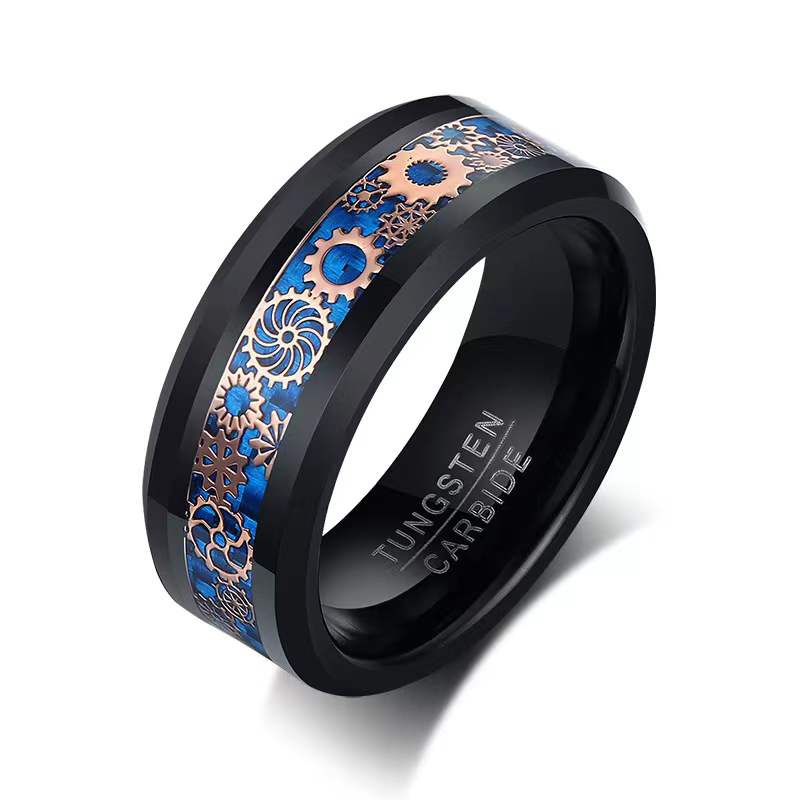 8mm Black Tungsten Rings for Men Women Steam Punk Gear Wheel Blue Carbon Fiber Inlay Beveled Edges Classic Men's Wedding Band