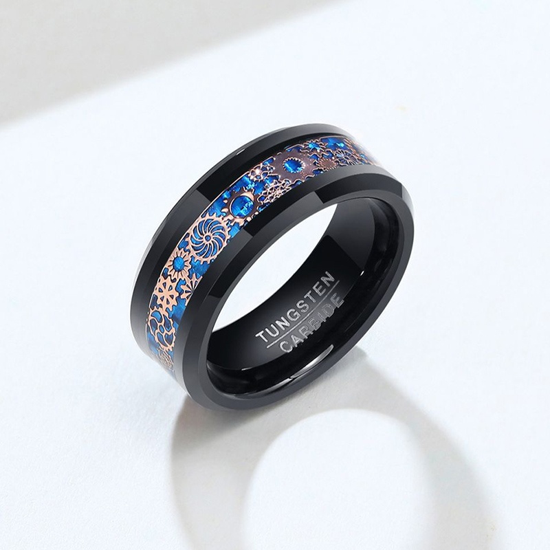 8mm Black Tungsten Rings for Men Women Steam Punk Gear Wheel Blue Carbon Fiber Inlay Beveled Edges Classic Men's Wedding Band