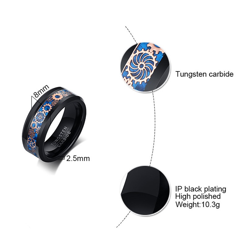 8mm Black Tungsten Rings for Men Women Steam Punk Gear Wheel Blue Carbon Fiber Inlay Beveled Edges Classic Men's Wedding Band
