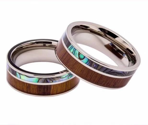 Tungsten Ring Inlaid with Koa Wood with Abalone Shell Engagement Wedding band