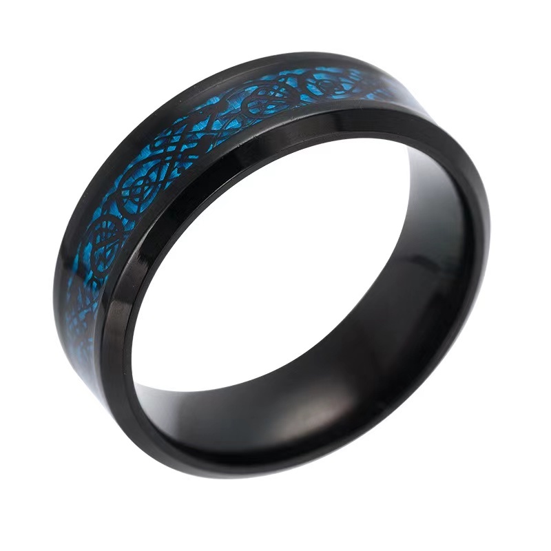 Black Plated Ring Dark Silver Dragon Inlay Blue Carbon Fiber Background Fashion Men Rotatable Rings Sprinner Wedding Band