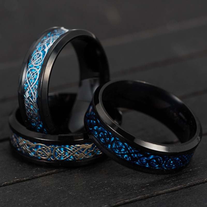 Black Plated Ring Dark Silver Dragon Inlay Blue Carbon Fiber Background Fashion Men Rotatable Rings Sprinner Wedding Band