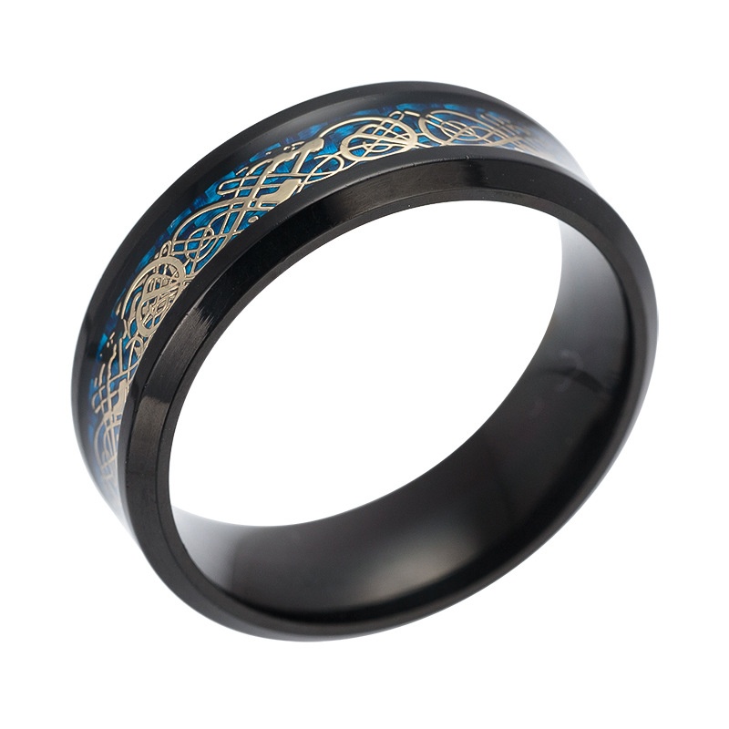 Black Plated Ring Dark Silver Dragon Inlay Blue Carbon Fiber Background Fashion Men Rotatable Rings Sprinner Wedding Band