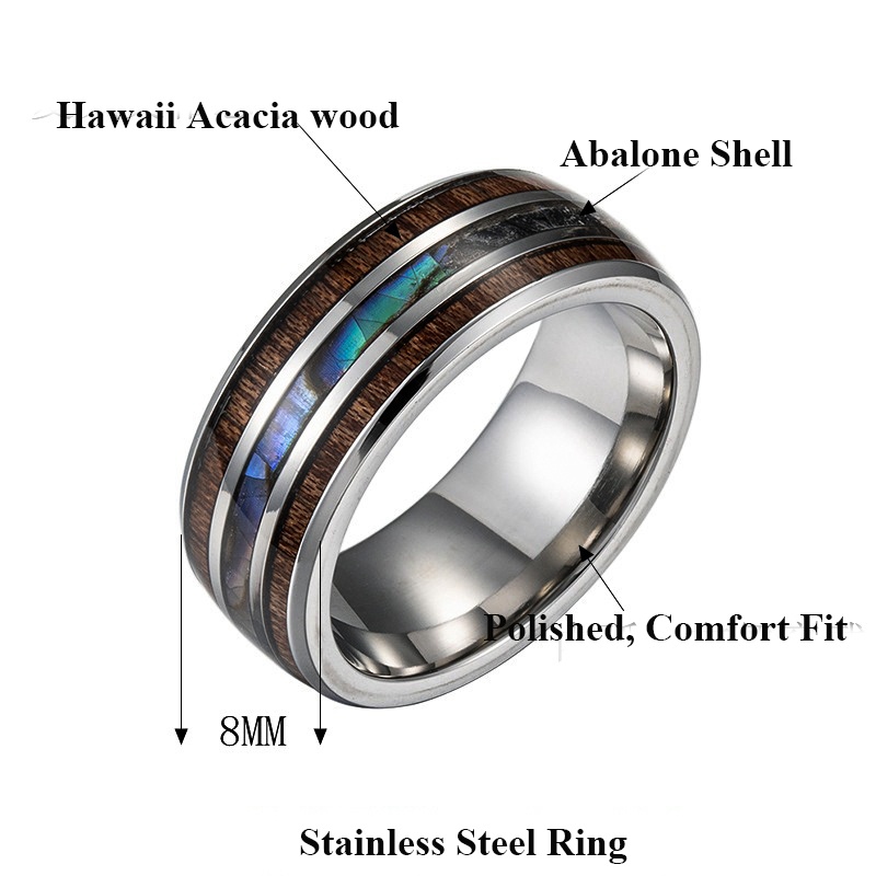 Jewelry 8mm Dome Stainless Steel Ring Dainty Ring with Grooves Inlay Abalone Shell and Wood Ring