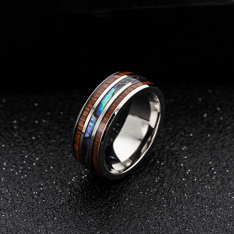 Jewelry 8mm Dome Stainless Steel Ring Dainty Ring with Grooves Inlay Abalone Shell and Wood Ring
