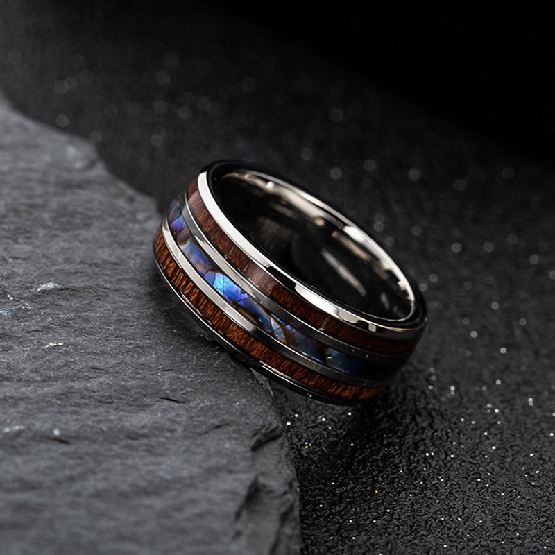 Jewelry 8mm Dome Stainless Steel Ring Dainty Ring with Grooves Inlay Abalone Shell and Wood Ring