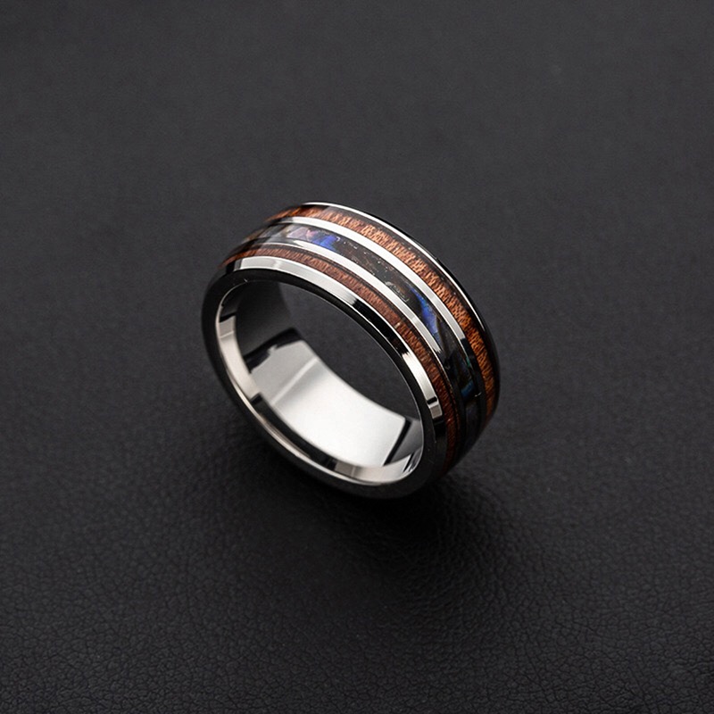 Jewelry 8mm Dome Stainless Steel Ring Dainty Ring with Grooves Inlay Abalone Shell and Wood Ring