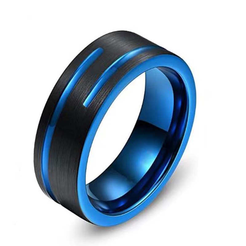 Classic Mens 8mm Blue Tungsten Carbide Wedding Rings Middle Crosses Groove Beveled Edge Brushed Stainless Steel Rings For Men