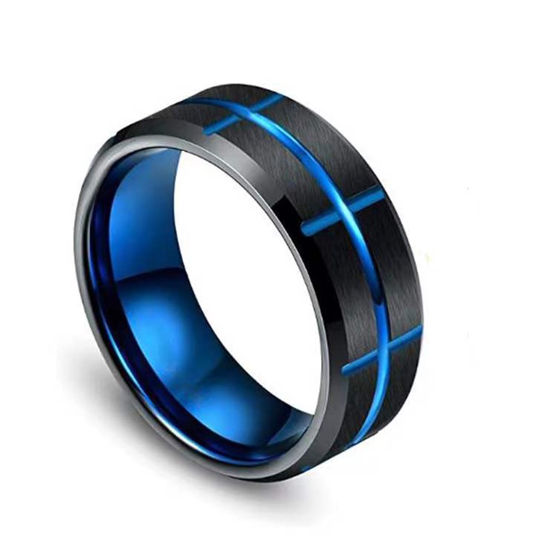 Classic Mens 8mm Blue Tungsten Carbide Wedding Rings Middle Crosses Groove Beveled Edge Brushed Stainless Steel Rings For Men