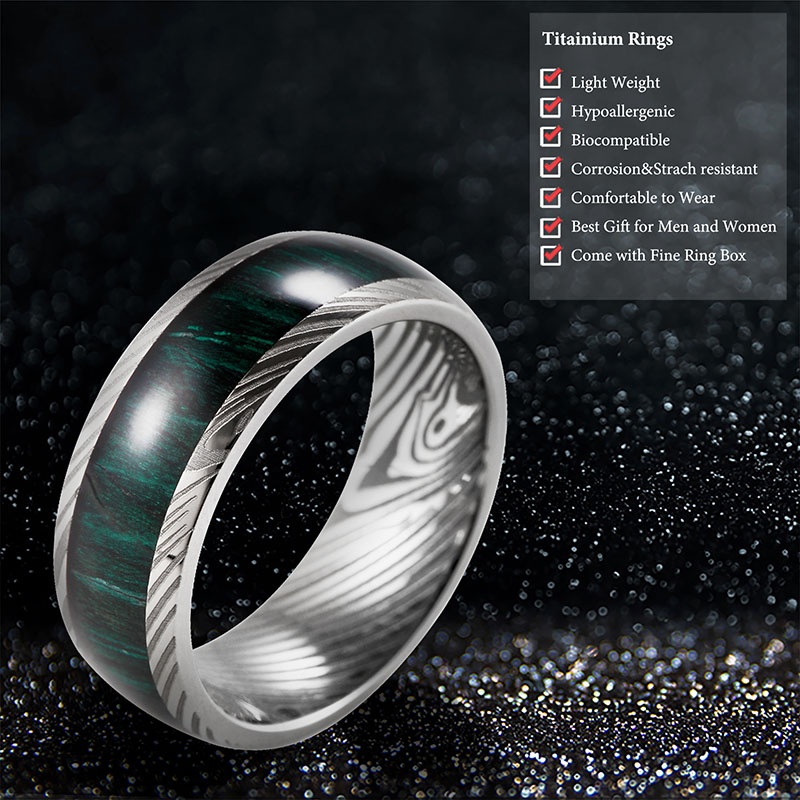 8mm Domed Real Damascus Steel Men's Wedding Rings IP Black Plated Classic Promise Engagement Anniversary Bands For Men Women