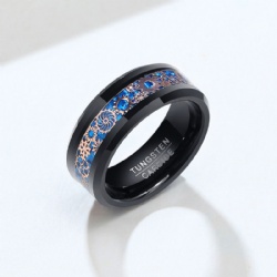 8mm Black Tungsten Rings for Men Women Steam Punk Gear Wheel Blue Carbon Fiber Inlay Beveled Edges Classic Men's Wedding Band