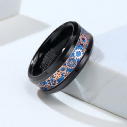 8mm Black Tungsten Rings for Men Women Steam Punk Gear Wheel Blue Carbon Fiber Inlay Beveled Edges Classic Men's Wedding Band