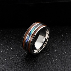 Jewelry 8mm Dome Stainless Steel Ring Dainty Ring with Grooves Inlay Abalone Shell and Wood Ring